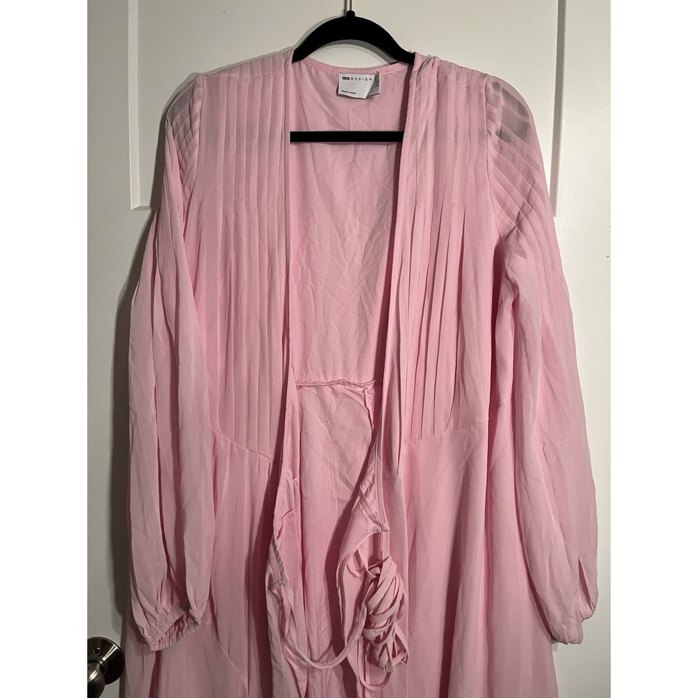 ASOS DESIGN Pink Pleated Tie Front Midi Dress Long Sleeve US 14 UK 18 Boho